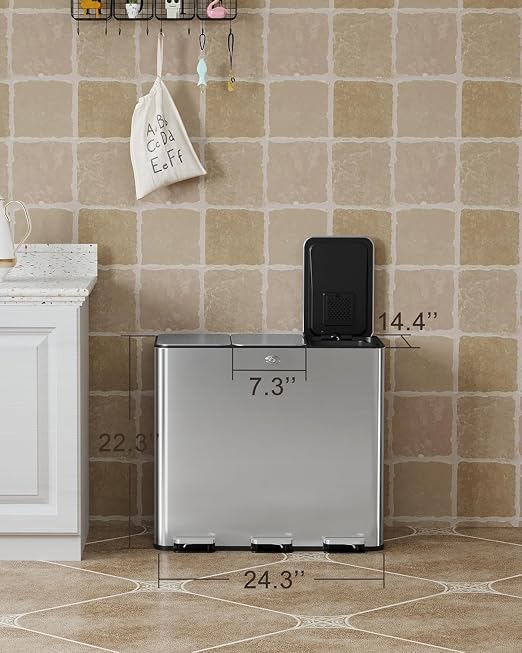 60L/15.9 Gal Gallon Three-Compartment Pedal Stainless Steel Kitchen Recycling - Image 5