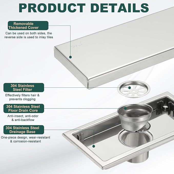 uxcell Rectangular Shower Drain, Brushed 304 Stainless Steel Odor-Proof Floor - Image 3