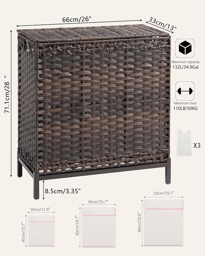 Laundry Hamper with Lid 132 L, Clothes Hamper with Lid, Handwoven Rattan - Image 5