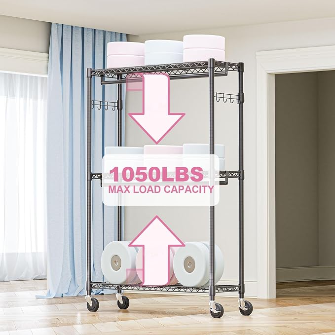 Heavy Duty Rolling Garment Rack 3 Tiers Adjustable Wire Shelving Clothes Rack - Image 5