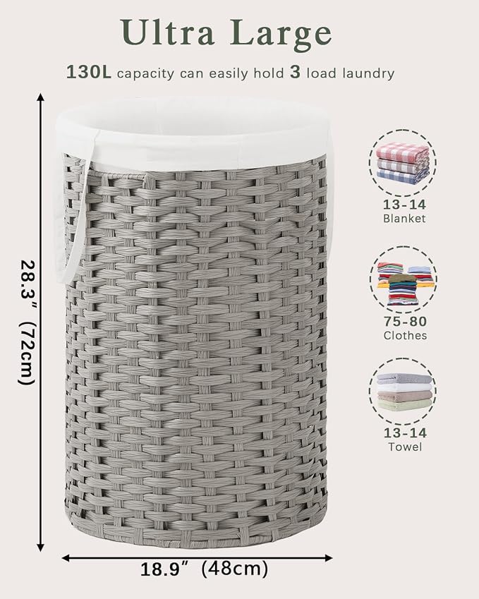 34.3 Gal Large Laundry Hamper Laundry Basket Round Handwoven Wicker Laundry - Image 5