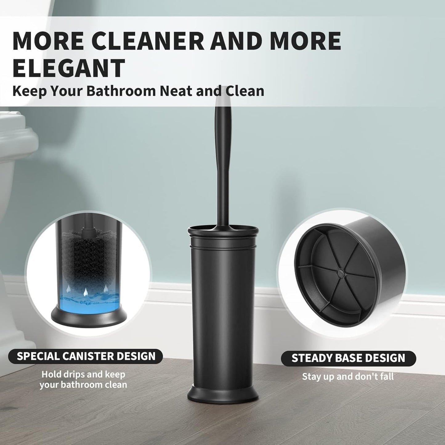 Toilet Brush and Holder 2 Pack, Toilet Bowl Brush with Extra Long Handle, Toilet Scrubber and Covered Holder, Toilet Brushes for Bathroom-Space Saving, Covered Brush, Durable, Deep Cleaning(Black)