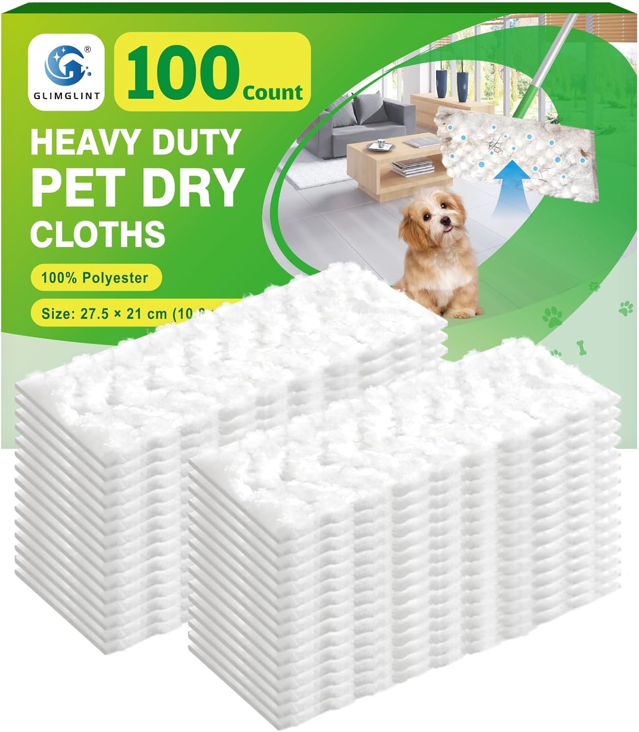 GLIMGLINT Heavy Duty Dry Sweeping Cloths Compatible with Swiffer Sweeper, Disposable Duster Mop Pads Refills for Floor Cleaning, Pet Hair, Dust and Dirt, Dry Cloths for Wood Floors, 100 Count