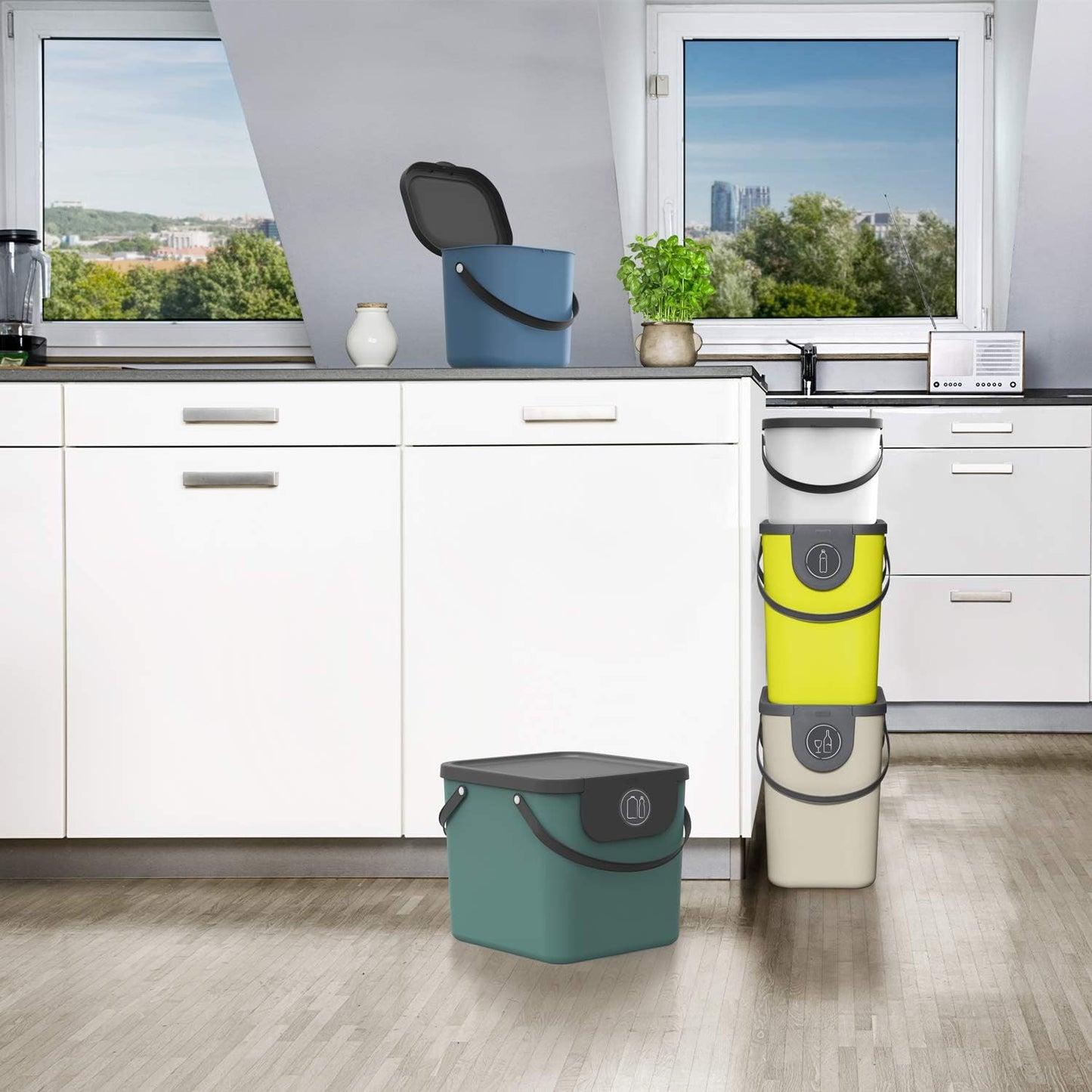 Rotho Albula Waste Separation System 40 L for The Kitchen, Plastic (PP) BPA Dark Green/Anthracite, 40 L (40.0 x 35.8 x 34.0 cm)
