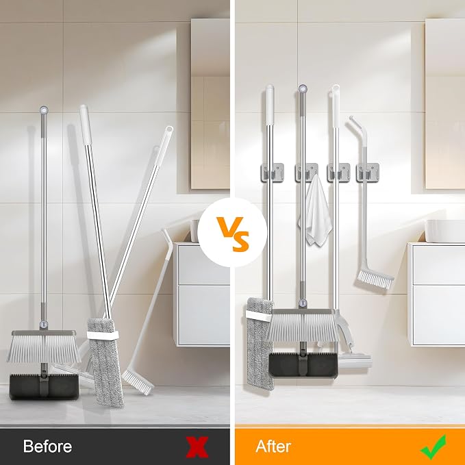 4 Pack Stainless Steel Mop and Broom Holder Wall Mount - Image 2