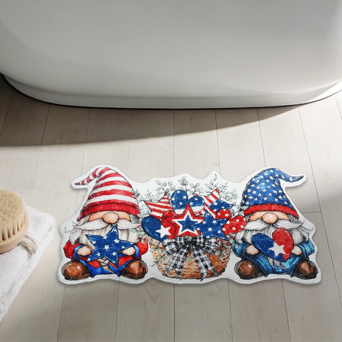 4th of July Bathroom Rugs Cute Gnome Patriotic Bath Mat, Non-Slip Farmhouse Doormat Shower Bath Rugs for Memorial Day/Independence Day Home Decorations