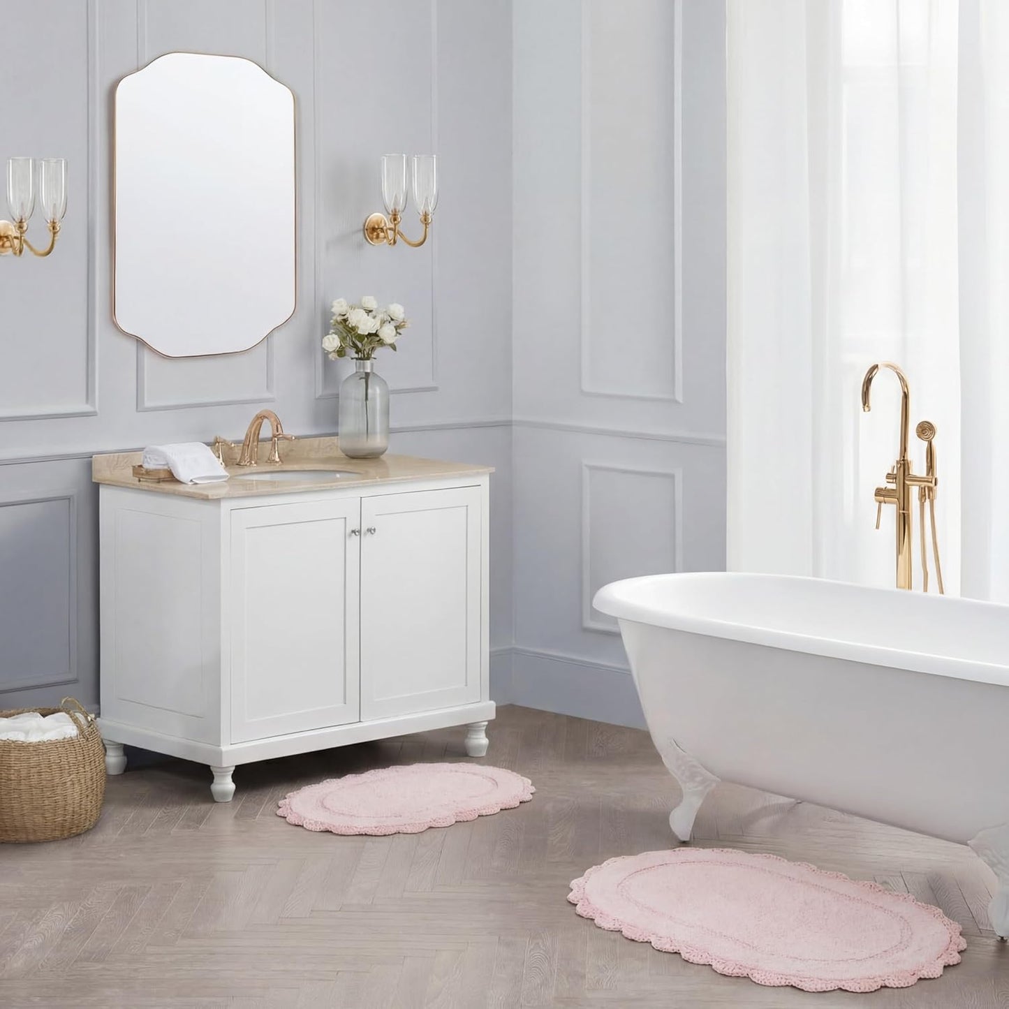 Laura Ashley Eloise 100% Cotton Oval Bath Mat 2-Piece Set with Crochet Border, Soft & Absorbent, Light Pink 17" x 24"/20" x 32" Bathroom Rugs