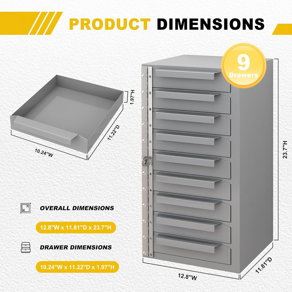 9-Drawer Storage Cabinet, Lockable Steel Parts Cabinet Bolt Bin