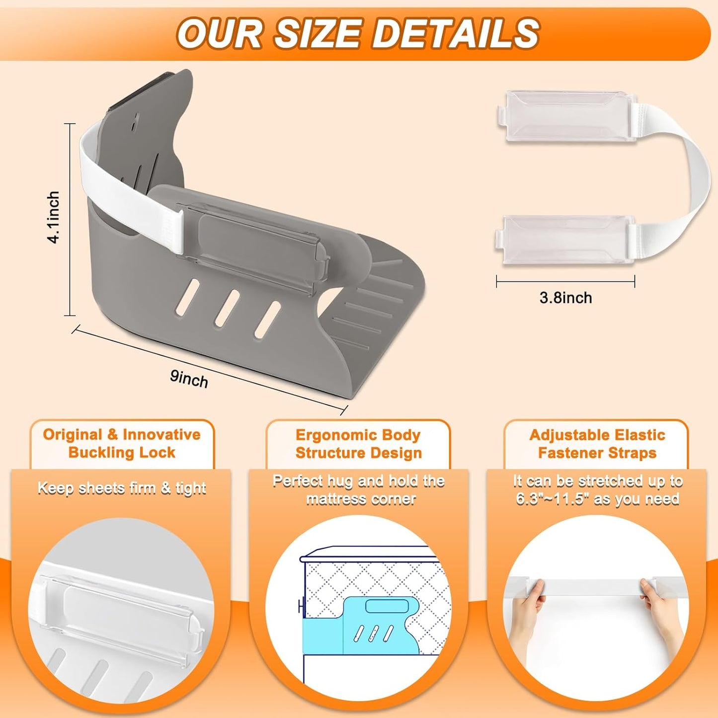Lock Bed Sheet Holders with Anti-Slip Pads for Corners, 4Pcs Secure Bed Sheets Firmly in Place, Heavy Duty Bed Sheet Holder Straps for No More Loose Sheets, Easy Installation for All Mattress (Gray)