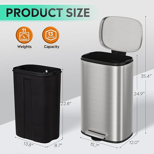 WLIVE 13 Gallon Stainless Steel Trash Can - Image 3