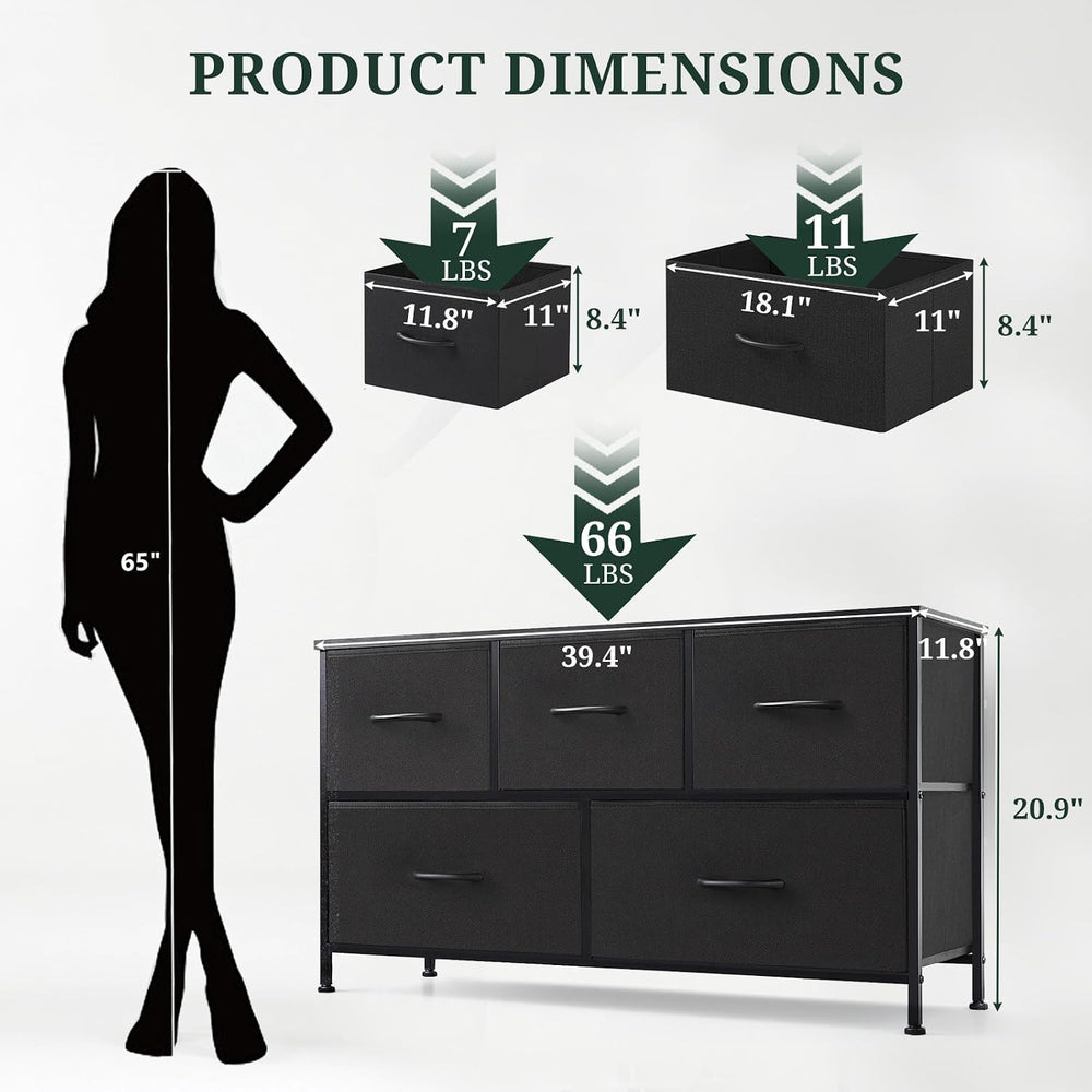 5-Drawer Dresser for Bedroom, Anti-Tip Wide Storage Organizer Fabric