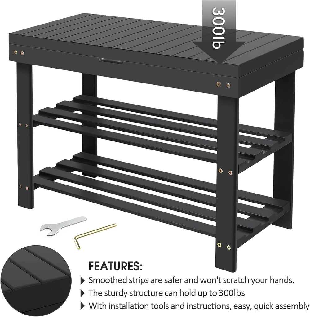 3-Tier Bamboo Shoe Rack Bench, Entryway Bench with Storage Drawer, Black