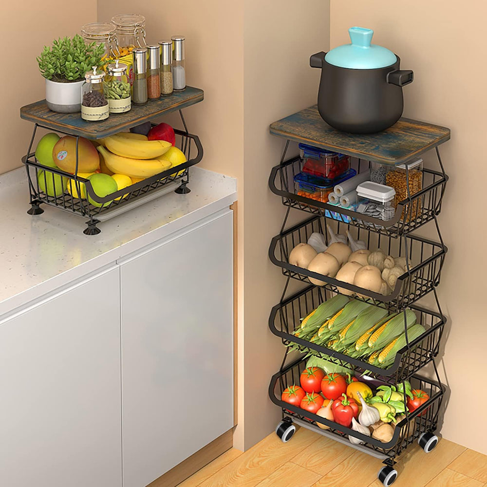 5-Tier Rolling Pantry Floor Organizer with Wheel Stackable Fruit Vegetable St...