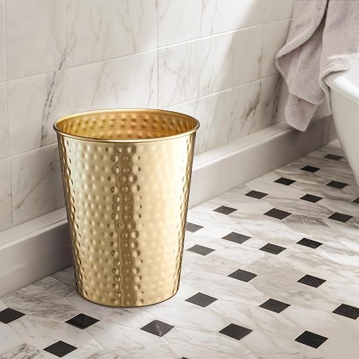 Monarch Abode Brushed Gold Hand Hammered Metal Wastebasket - Image 6