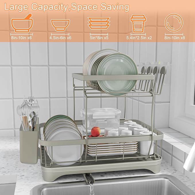 Dish Drying Rack for Kitchen Counter, Two-Tier Dish Rack - Image 9