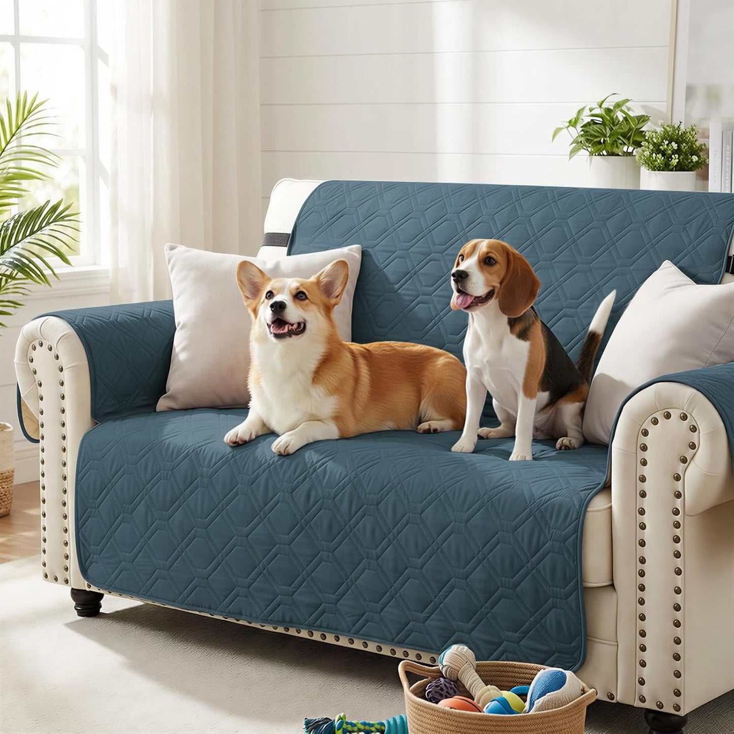 Waterproof Sofa Sofa Cover Couch Covers for 3 Cushion Couch, Washable Slipcover with Pockets & Non-Slip Elastic Straps, Furniture Protector for Pets Kids Dog(Dark Green,Sofa)