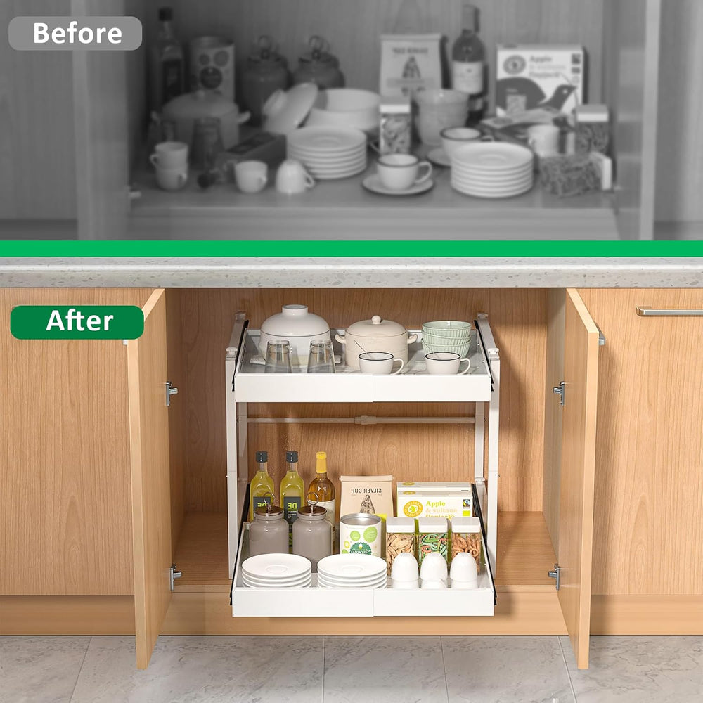 REALINN 2 Tier Pull Out Cabinet Organizer, 21 inch Depth Slide Out Shelves