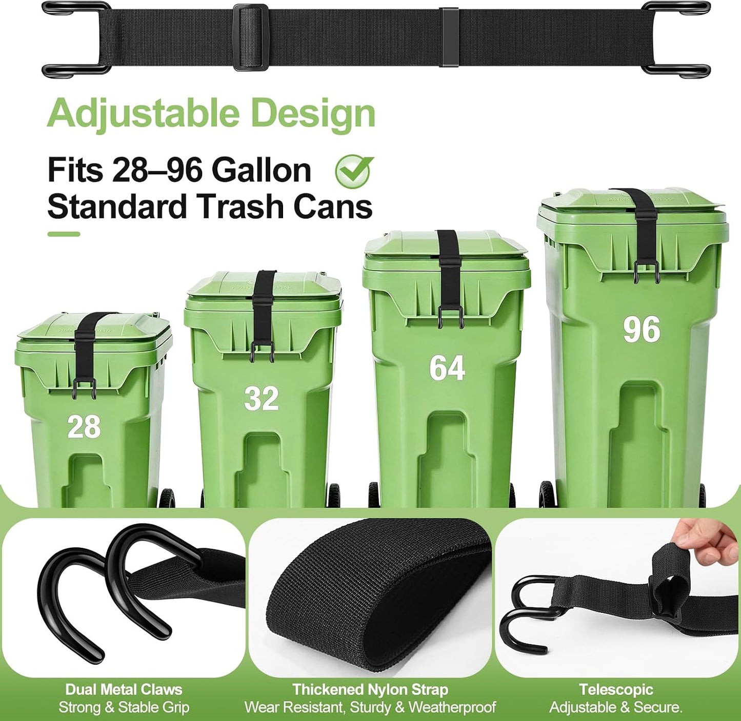 Heavy Metal Non-Slip Double Claw Trash Can Lid Lock, Adjustable Outdoor Garbage Can Lock, Windproof & Animal-Proof (Raccoons, Dogs, Bears), Universal Fit 28-96 Gallon Bins, Easy Install & Auto Release