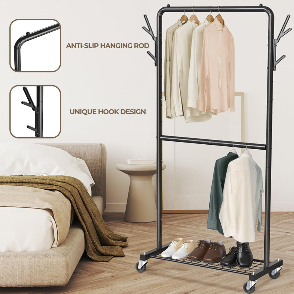 Simple Houseware Double Rod Clothes Rack with Wheels, Hooks & Shelf, Black