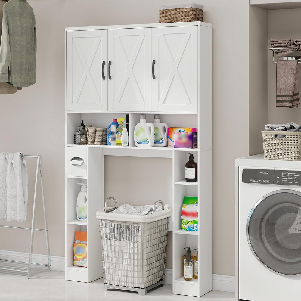 Vabches Over The Toilet Storage Cabinet with 3 Barn Doors.White