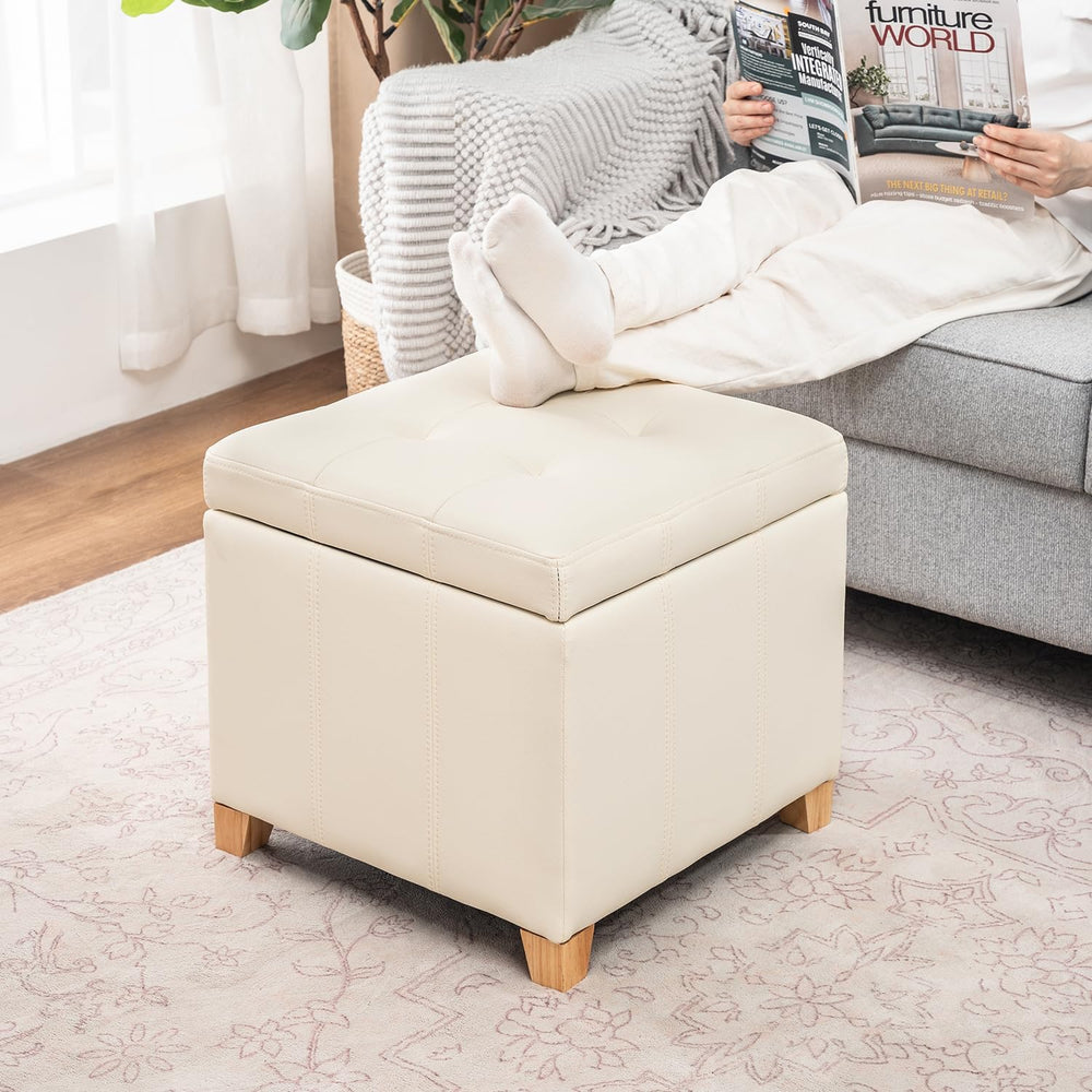 Adeco Square Storage Ottoman with Hinged Lid, 16" Upholstered Foot Stool...