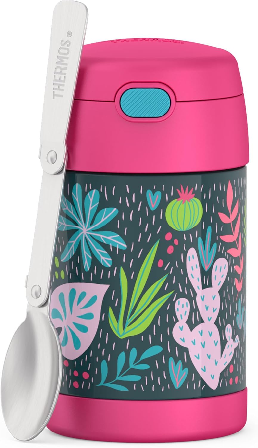 THERMOS FUNTAINER Food Jar with Spoon, 16oz, Tropical Foliage | Kid-Friendly Stainless Steel Insulated Food Container, Keeps Food Hot or Cold Longer for School & Play, BPA Free