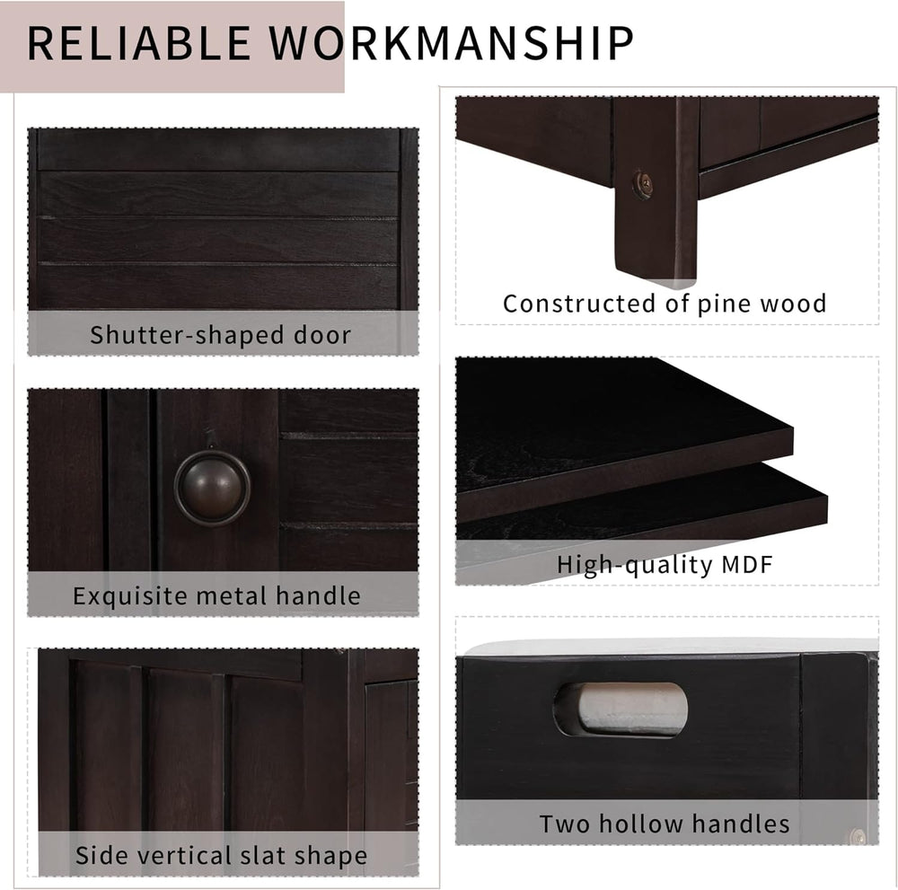 Shoe Storage Bench with 3 Shutter-Shaped Doors, Pine Wood Shoe Bench with Rem...