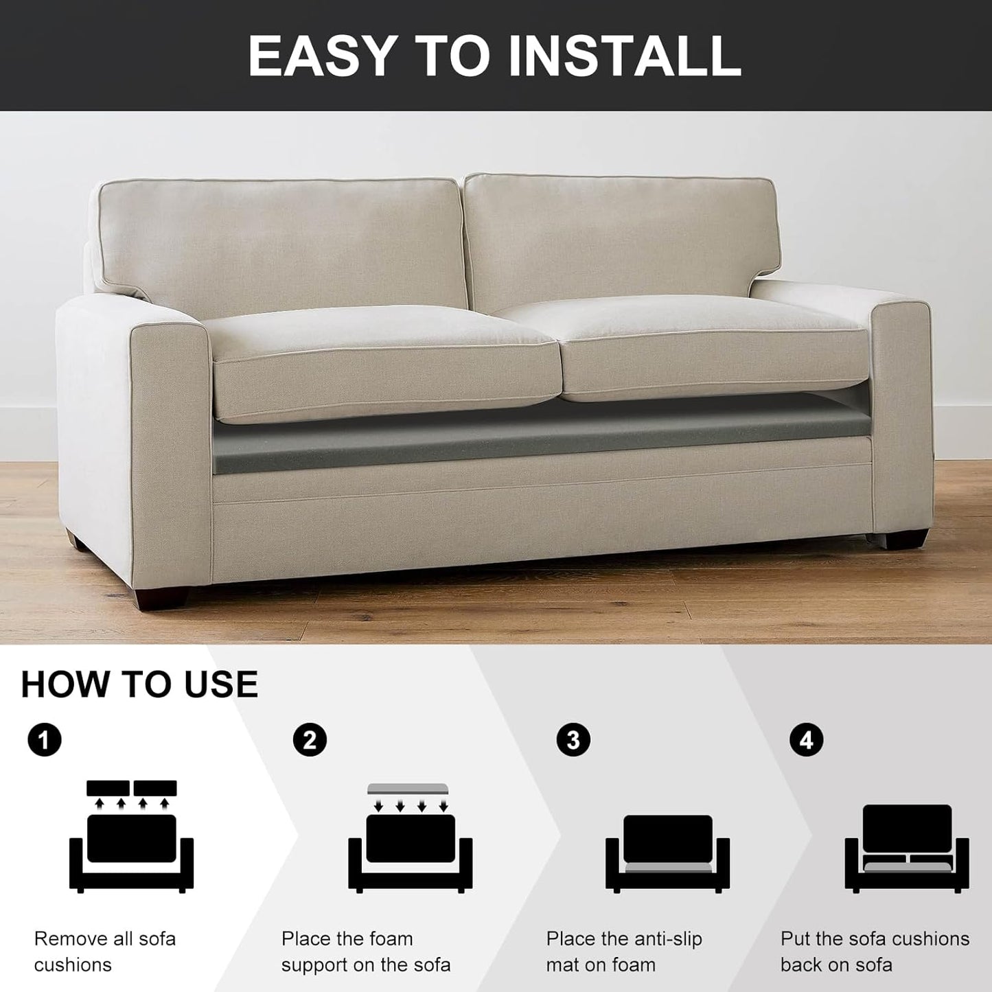 Couch Cushion Support High Density Foam 24X24X2.4 Inches Sofa Couch Supports for Sagging Cushions Light Grey 3Pc with Anti Slip Mesh Fabric