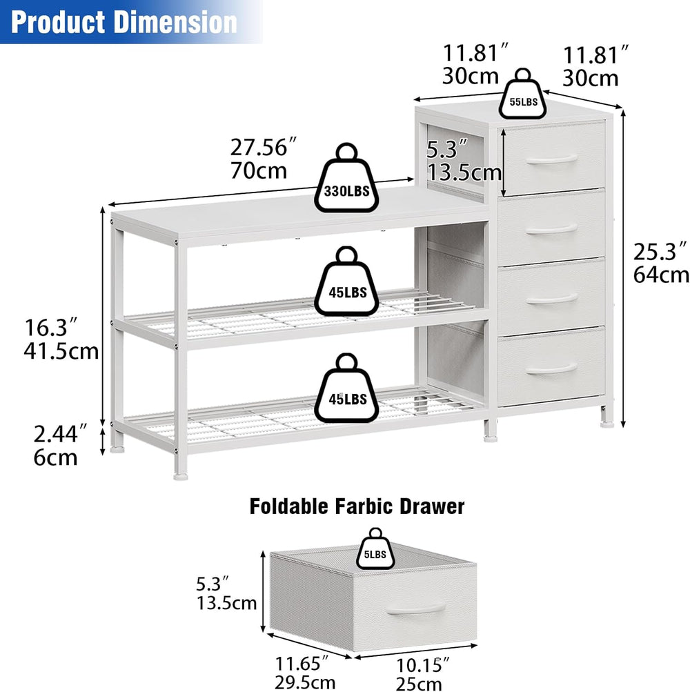 EXOTICA Industrial Shoe Storage Bench with 4 Drawers & Seat, White