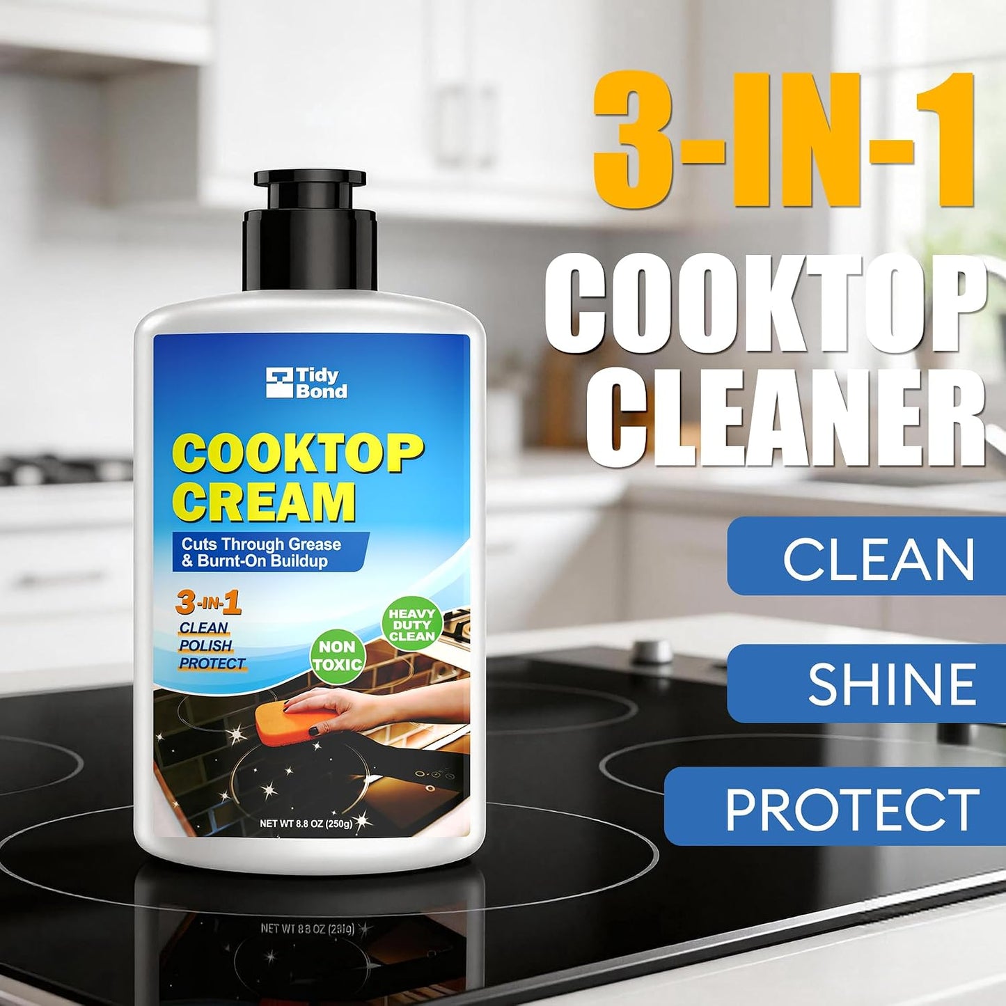 Glass Cooktop Cleaner & Polish Kit, Removes Burnt-On Food & Grease, 8.8 oz | Heavy Duty, Non-Scratch Stove Top Cleaner with Scraper & Scrubbing Pad, Safe for Induction, Electric & Ceramic Cooktops