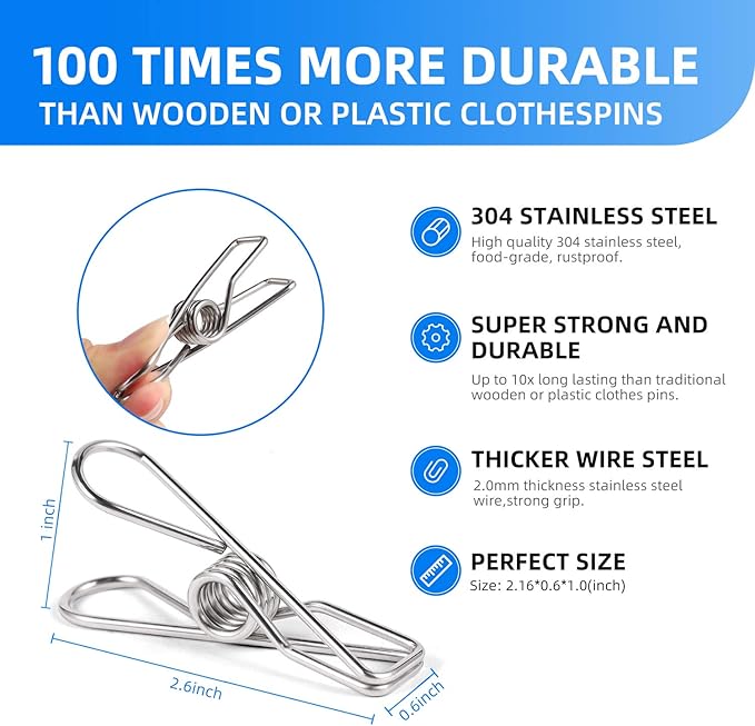 Heavy Duty Clothes Pins for Hanging Clothes, Stainless Steel Clothespins for - Image 2