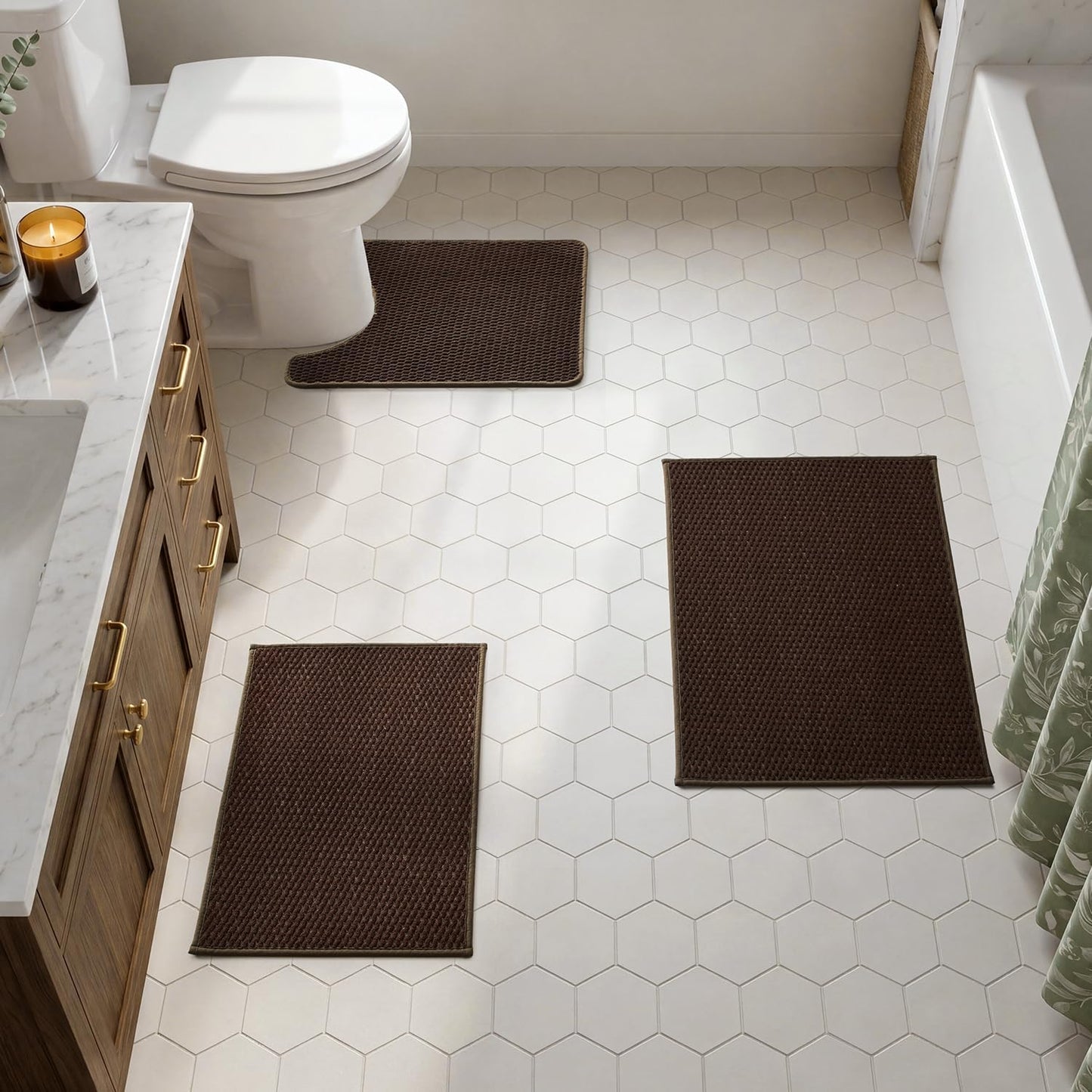 TYUU Bathroom Rugs Sets 3 Piece, Non Slip & Washable Bath Mat Set, Super Absorbent Quick Dry Bathroom Mat Set, Soft Low Pile for Toilet, Sink & Tub, 16"x24", 20"x30" & 20"x24" U Shape, Brown