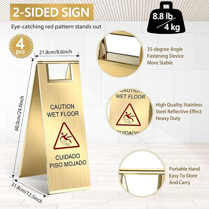 LEIFIDE 4 Pcs Stainless Steel Wet Floor Caution Sign Bulk 8.8 Pound Portable - Image 2