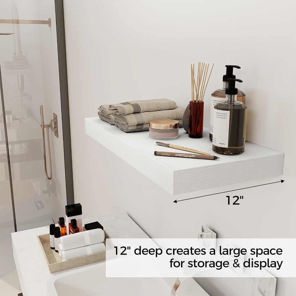 12 Inch Deep White Floating Shelves, 24 x 12 Floating Shelf for Books, Rustic...