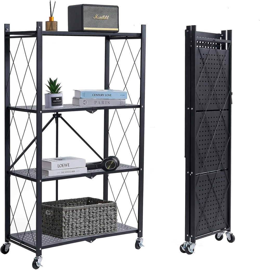 BRIAN & DANY 4-Tier Foldable Storage Shelves with Wheels, Folding Metal R...