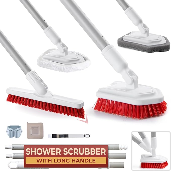 Shower Scrubber with Long Handle, Stiff Bristles Grout-Brush, Tub Scrub-Brush by FoxTrotLiving
