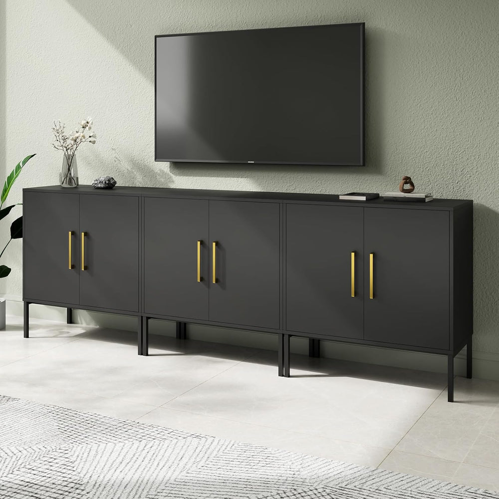Set of 3 Storage Cabinets with Adjustable Shelf and Gold Handle, Black丨Buffet...