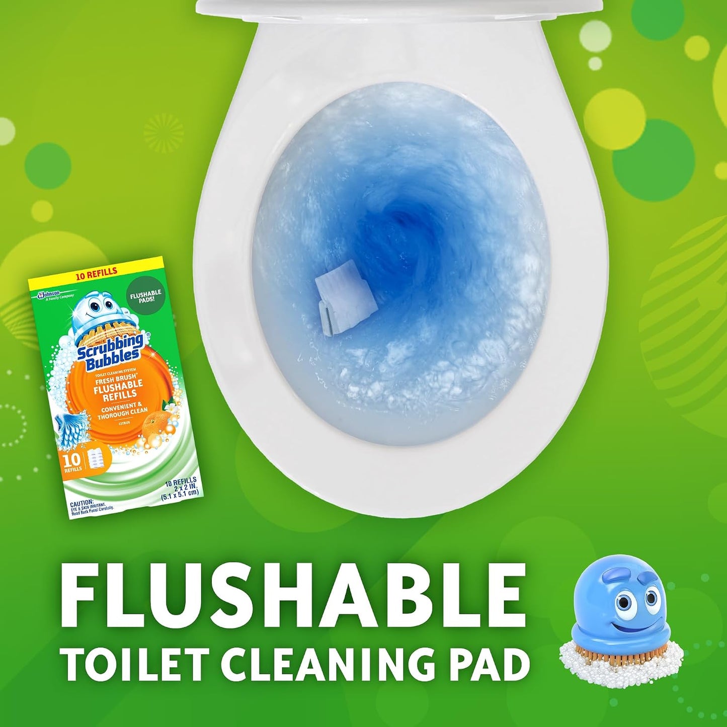 Scrubbing Bubbles Flushable Toilet Bowl Wand Cleaner Refills, Fresh Brush Cleaner Toilet Refill Pads, Removes Limescale & Odors, Citrus Scent, 10 Count (Pack of 12)