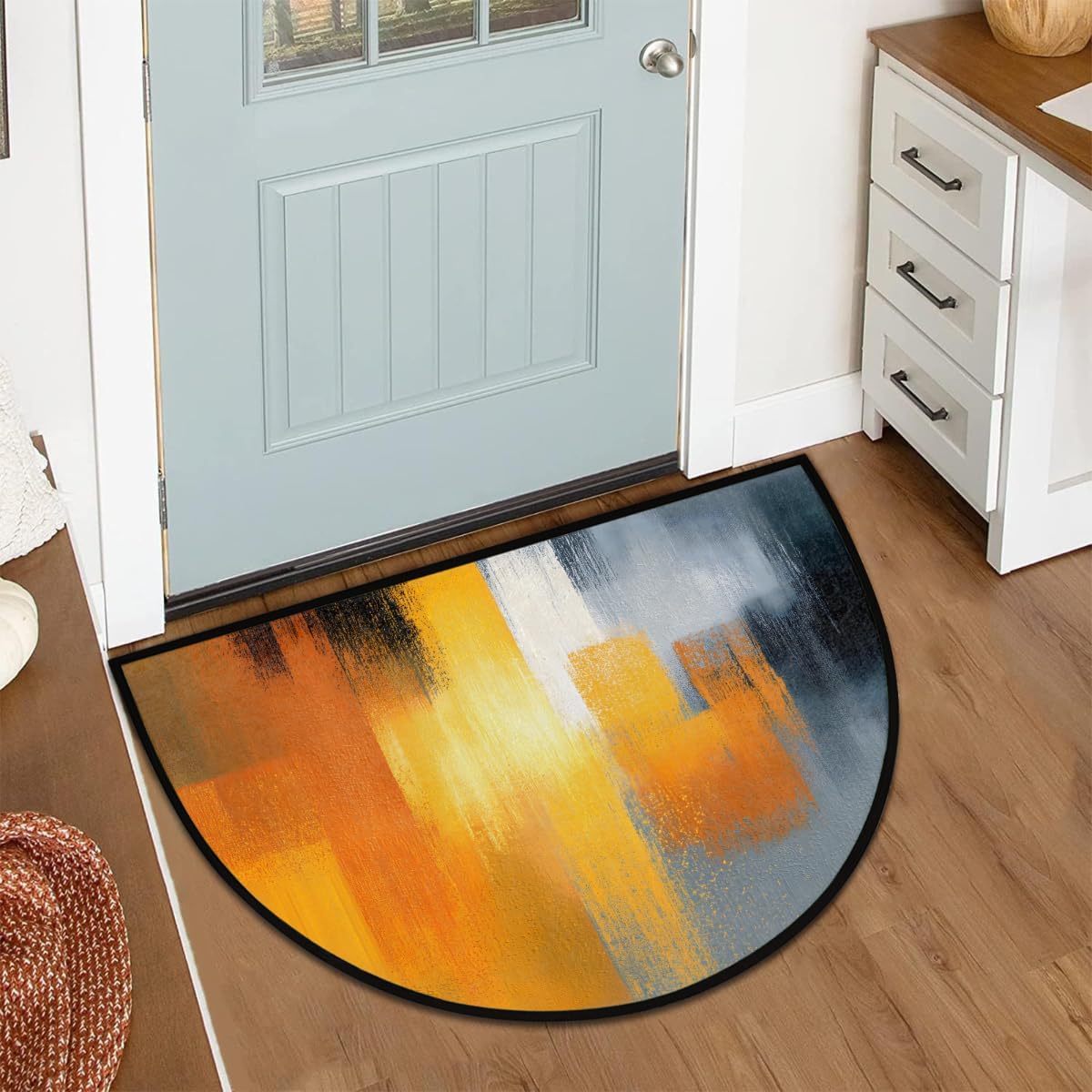 Yellow Grey Half Round Doormat Semi Circle Rug Half Moon Rug Entryway Mat | Yellow Grey Washable Non Slip Outdoor Floor Rug Kitchen Mat for Indoor Outdoor Bathroom Fireplace Bath Decor