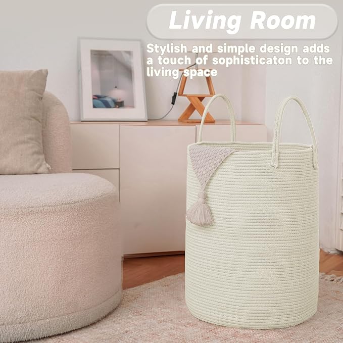 Large Woven Laundry Basket Hamper, 100L Cotton Rope Storage Bin - Image 3