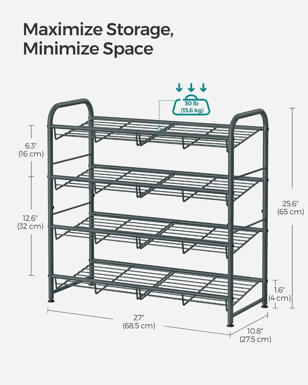 SONGMICS 4-Tier Stackable Metal Shoe Rack, Holds Up to 16 Pairs of Shoes