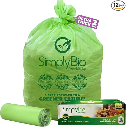 Simply Bio 60-65 Gallon Compostable Trash Bags Liners Flat-Top, Heavy Duty by SimplyBio