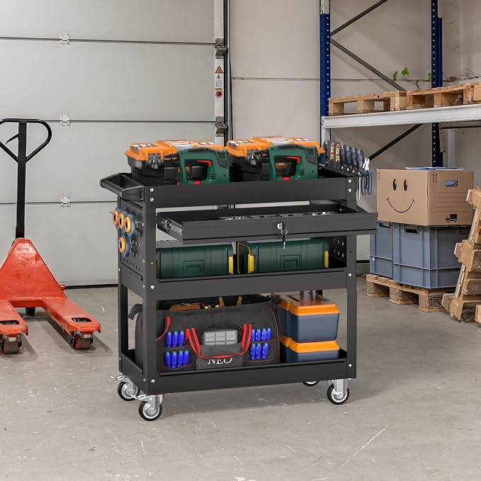 3 Tier Rolling Tool Cart on Wheels, Heavy Duty Service Cart Industrial Utility - Image 6