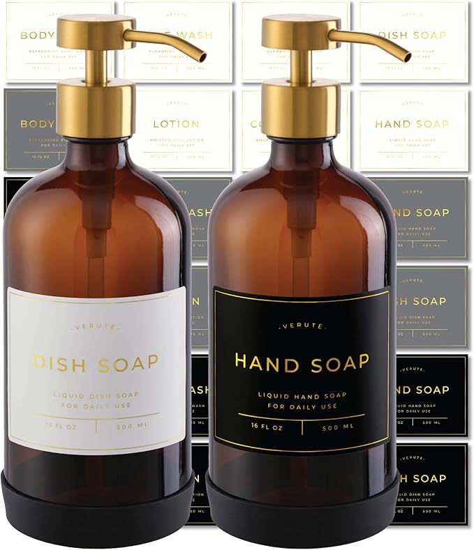 16oz Glass Soap Dispenser with Stainless Steel Pump, 21 Waterproof Labels by Verute