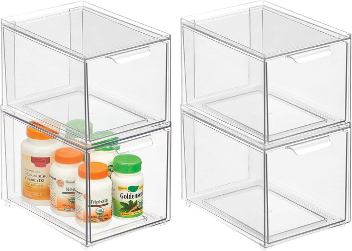 mDesign Plastic Stackable Bathroom Storage with Pull Out Bin Organizer Drawer for Cabinet, Vanity, Shelf, Cupboard, Cabinet, or Closet Organization - Lumiere Collection - 4 Pack - Clear