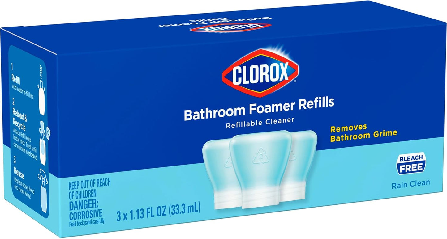 Clorox Bleach-Free Bathroom Foamer Refill Pods, Household Essentials, Rain Clean, 3 Spray Refills