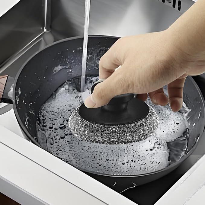 Scrubber with Handle Comes with Three Replacement Balls Steel Wool, Short - Image 5