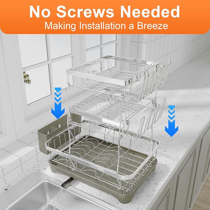 Dish Drying Rack, 2 -Tier 304 Stainless Steel Adjustable Spout Auto-Draining - Image 7