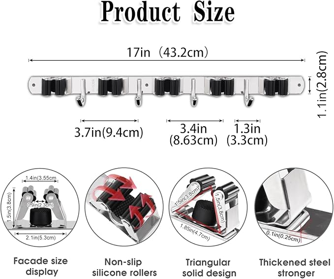 AceMining 5 Racks and 4 Hooks Mop and Broom Holder Wall Mount, Broom Organizer - Image 3
