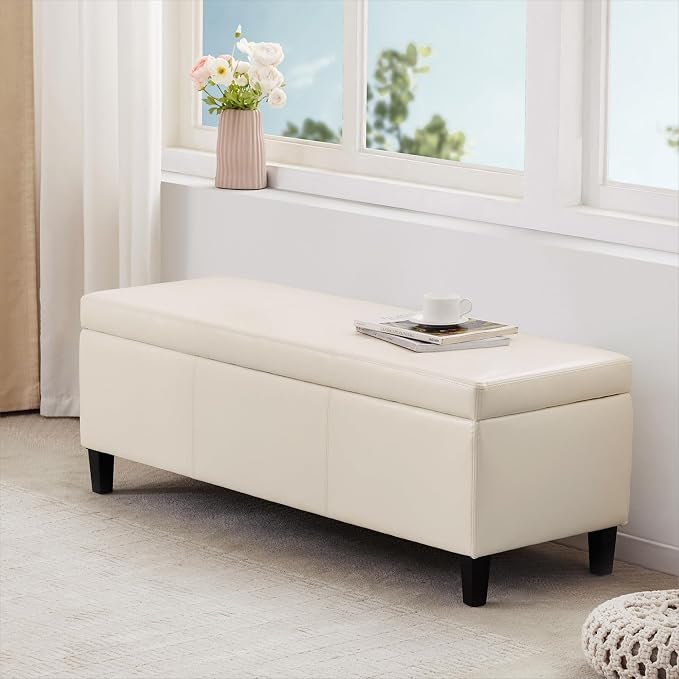 HUIMO Faux Leather Storage Ottoman Bench 50.3 inch Extra Long Upholstered - Image 5